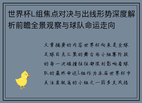 世界杯L组焦点对决与出线形势深度解析前瞻全景观察与球队命运走向